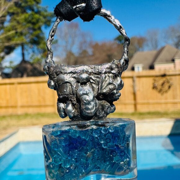 Repurposed VINTG Perfume Glass Bottle Pendant Necklace w Rustic Silver Metalwork - Picture 5 of 15